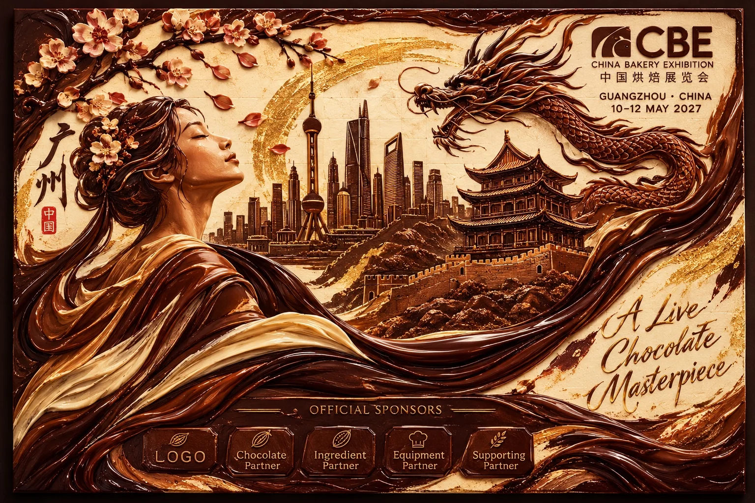 Composición artística en tonos de chocolate con figuras y arquitectura