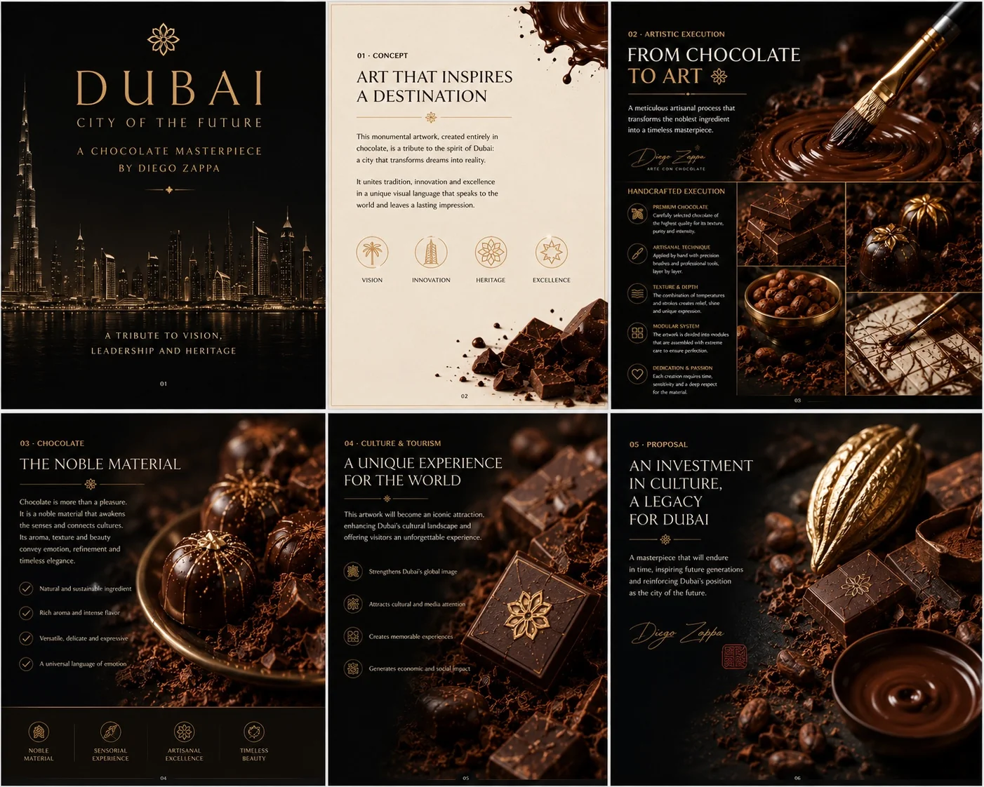 Paneles de presentación de la propuesta de arte con chocolate para Dubái