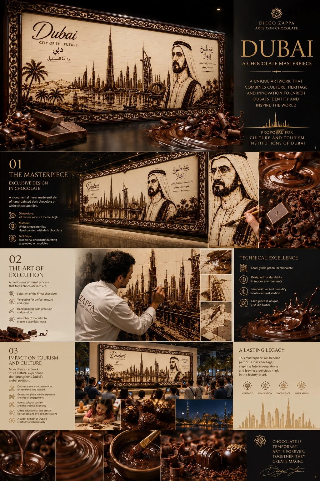 Cartel de presentación de una propuesta artística de chocolate para Dubái