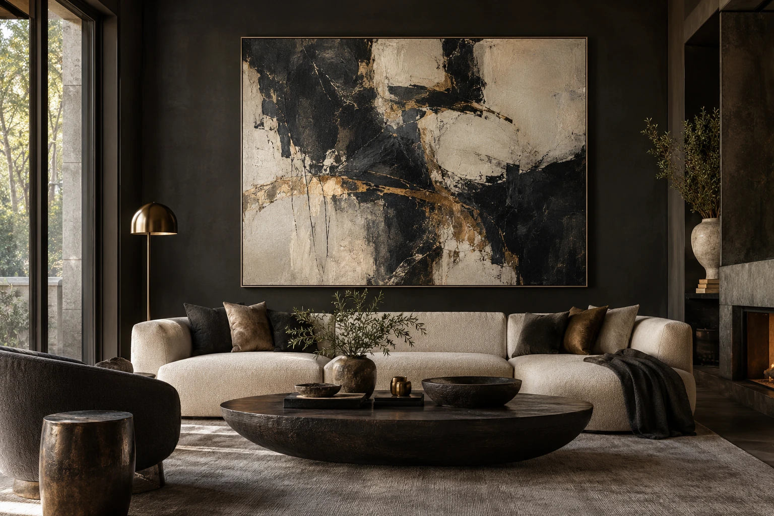 Propuesta de salón contemporáneo con una pintura abstracta de gran formato en negro y marfil