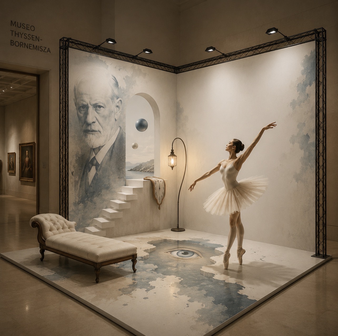 Instalación artística inmersiva con bailarina, escenografía surrealista y retrato en un museo