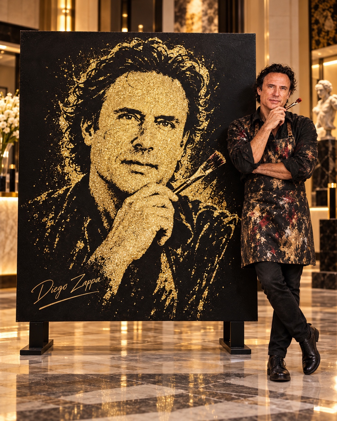 Diego Zappa junto a un lienzo de dos metros por dos metros con retrato en purpurina dorada